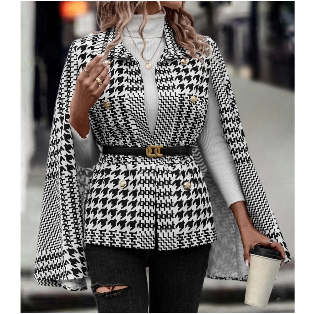 Classic Houndstooth Print Cape Coat Jacket